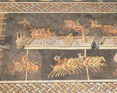 Francja, Lyon, Mozaika przedstawiająca zabawy cyrkowe, wyścig Kwadrygi autorstwa Roman