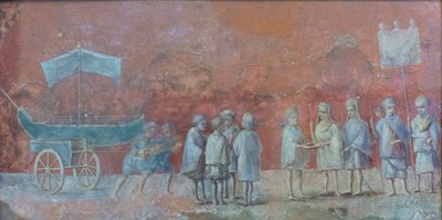 Fragment fresku kalendarza przedstawiający nawigację Isidis, święto przebłagalne odbywające się na początku podróży i przedstawiające miesiąc marzec, III wiek naszej ery (fresk) autorstwa Roman