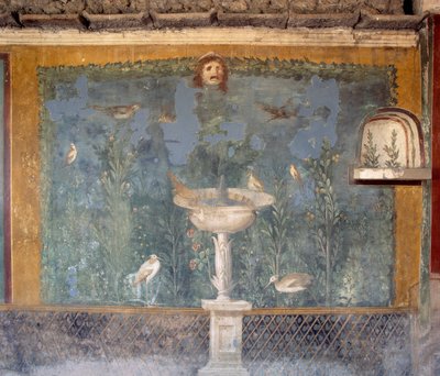 Fresk z fontanną, maską i ptakami, Dom Wenus w Muszli, Pompeje (Lista Światowego Dziedzictwa UNESCO) autorstwa Roman