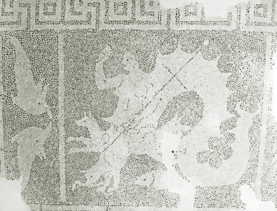 Hellenistyczny kamyk Mozaika Scylla i Charybdis strzegących cieśniny, szczegół Scylla. Dom Dionizosa, Pafos, Cypr mozaika autorstwa Roman