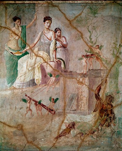Herakles i Omphale (herkules i Omfale) Rzymski fresk III stylu pompejańskiego z Pompejów (Fresk z Pompejów) 40-60 AD Wymiary 88x103 cm Przechowywany w Narodowym Muzeum Archeologicznym w Neapolu Włochy autorstwa Roman