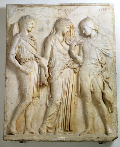 Hermes, Orfeusz i Eurydyka, płaskorzeźba, rzymska kopia greckiego oryginału z V wpne (marmur) autorstwa Roman