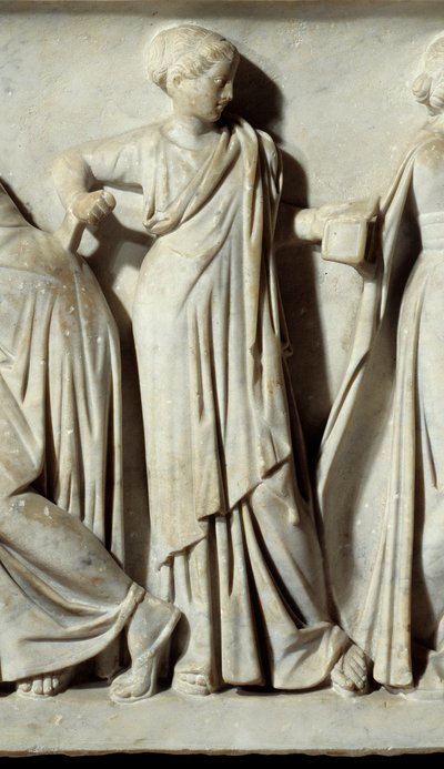 La muse Calliope, fragment Sarcophagus des Muses: przedstawienie muz deesses sztuk i listów. Rzeźba z marmuru. 150 n.e. Paryż, Luwr. autorstwa Roman
