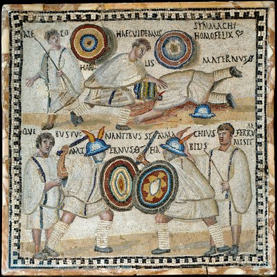 Mozaika przedstawiająca walkę dwóch ekwitów o imionach Simmachius i Maternus, rzymska, III w. n.e. autorstwa Roman