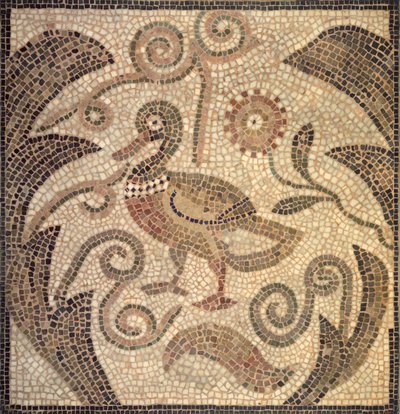 Mozaika kaczki zwróconej w winorośl (kamień i zaprawa) autorstwa Roman