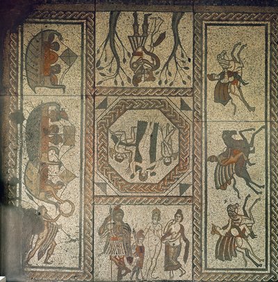 Bruk mozaikowy z rzymskiej willi w Low Ham, ilustrujący historię Dydony i Eneasza z Eneidy Wergiliusza, ok. 350 rne (mozaika) autorstwa Roman