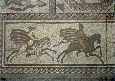 Mozaika brukowa z rzymskiej willi w Low Ham, ilustrująca historię Dydony i Eneasza z Wergiliusza Eneidy, ok. 350 r. Fragment mozaiki z 5959 r. autorstwa Roman