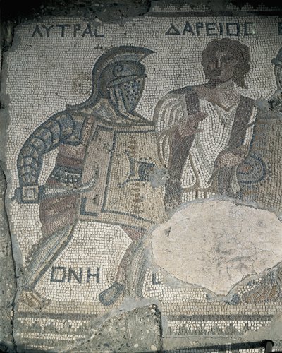 Malowanie dwóch gladiatorów na mozaikowej ścianie, Kourion, Limassol, Cypr autorstwa Roman