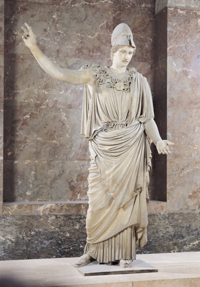 Pallas de Velletri, posąg Ateny w hełmie, rzymska kopia greckiego oryginału przypisywanego Alkamenesowi lub Cresilasowi, ok. 420-10 p.n.e. (marmur) (szczegóły zob. 164612 do 164615) autorstwa Roman