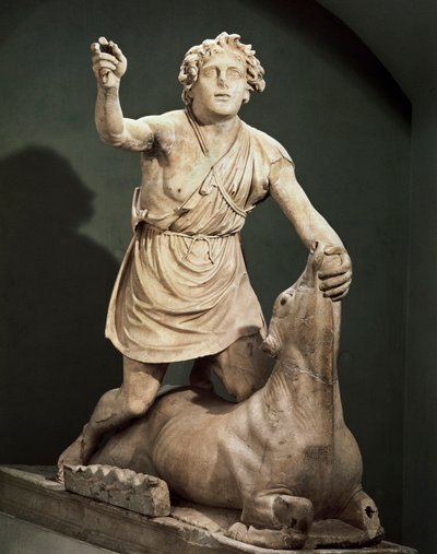 Penteliczny marmur byk zabijający Mitry, sygnowany przez Kritona z Aten, z Mitraeum Łaźni Mitry, Ostia Antica (marmur) autorstwa Roman