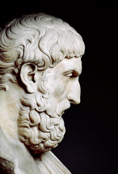 Portret Epikura (341-vers 270 pne), filozof grecki - Popiersie w marmurze - Rzym, Musei Capitolini - Popiersie Epikura (341-270 pne), profil - Rzeźba marmurowa - Rzym, Musei Capitolini autorstwa Roman