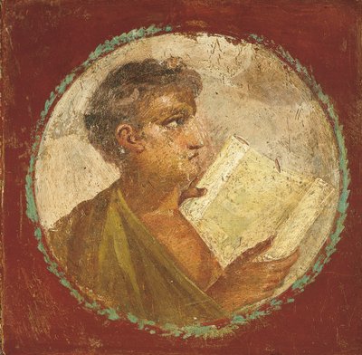 Portret młodego mężczyzny trzymającego zwój papirusu, 55-79 AD (fresk) autorstwa Roman