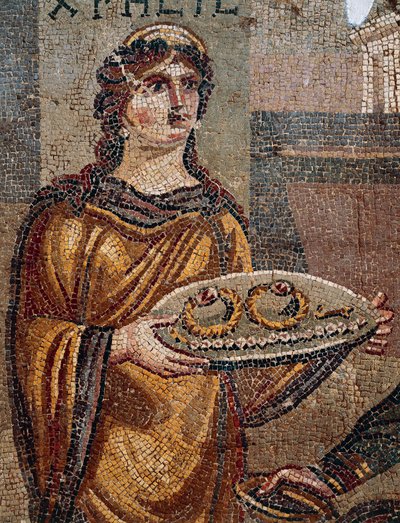 Więzień Chresis dający klucze swojego okupu swojemu porywaczowi Agamemnonowi, fragment mozaiki Chresis odkrytej w Daphne, Antiochia, Turcja autorstwa Roman