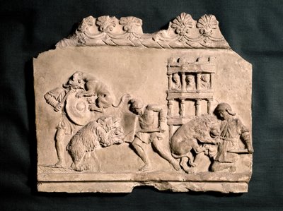 SZTUKA ROMAŃSKA: Płaskorzeźba z terakoty przedstawiająca trzech gladiatorów walczących z ... autorstwa Roman