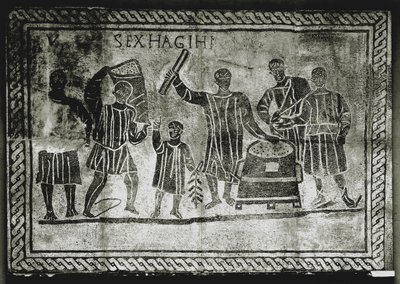 SZTUKA ROMAŃSKA: Mierzenie ziarna (kukurydzy). Ziarno kukurydzy, które Gajusz Grakchus ..., II wiek n.e. (mozaika) autorstwa Roman
