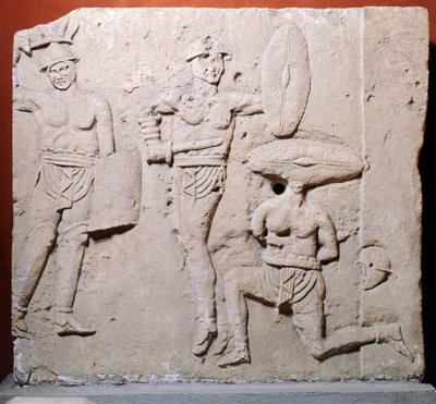 Relief przedstawiający scenę gladiatorów z okolic Due Madonne, Bolonia, cywilizacja rzymska autorstwa Roman