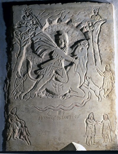 Płaskorzeźba przedstawiająca irańską bóstwo Mitra (lub Mitra) zabija byka, zwierzę z nim związane. IV wiek. Palazzo dei Conservatori, Rzym. autorstwa Roman