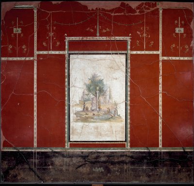 Sztuka rzymska: „”Pejzaż bukoliczny i sakralny”” Fresk przypisywany mistrzowi z Amando. od Boscotrecase, willa Agrippa Postumo. I wiek. Wymiary 153x98 cm Neapol, Narodowe Muzeum Archeologiczne autorstwa Roman