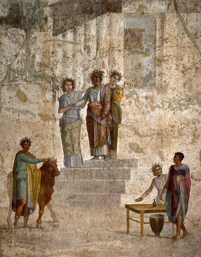 Sztuka rzymska: „”Jason naprzeciw swojego wuja Peliasa”” Rzymski fresk III stylu pompejańskiego z terenu Pompejów. 40-60 n.e. Neapol (fresk) autorstwa Roman