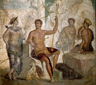 Sztuka rzymska: „”Meleagre i Atalante”””Rzymski fresk z I wieku naszej ery. z Pompejów. Neapol, Narodowe Muzeum Archeologiczne - Sztuka rzymska: Meleager i Atalanta. Fresk rzymski z I wieku naszej ery z Pompejów. Narodowe Muzeum Archeologiczne, Neapol, It autorstwa Roman