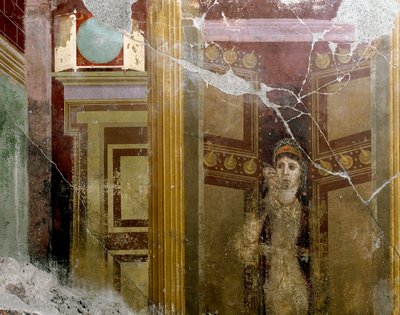 Sztuka rzymska: „”Portret kobiety w wejściu do drzwi”” Fragment fresku willi autorstwa Fabio Rufo (Marcus Fabius Rufus) I wne. Pompeje, Włochy autorstwa Roman