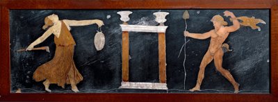 Sztuka rzymska: „”Taniec menady i satyry w pobliżu małej świątyni”””Intarsja z Pompei. Ciemny. 23x67 cm Museo Archeologico Nazionale, Neapol autorstwa Roman