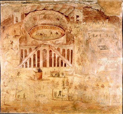 Sztuka rzymska: „”Gwałtowna walka między mieszkańcami Nocery a Pompejuszami w amfiteatrze w Pompejach w 59 rne”” Fragment fresku. I wne. Ze strony Pompei. Neapol, Museo Archeologico Nazionale autorstwa Roman