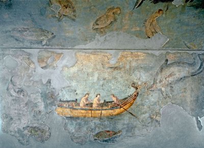 Sztuka rzymska: „”rybacy na łodzi””” Fresk z domu położonego w pobliżu portu rzecznego Rzymu. 131 n.e. Rzym, Museo Nazionale Romano (o delle Terme) autorstwa Roman