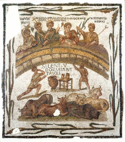 Starożytność rzymska: „”Scena bankietowa bractwa w Amfiteatrze”””Mozaika pochodząca z El Djem (lub Jem) w Tunezji. III wiek naszej ery. Ciemny. 131x145 cm Musée du Bardo, Tunis autorstwa Roman
