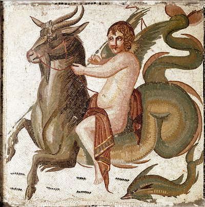 Sztuka rzymska: „Amorek ujeżdżający morskie stworzenie”” Mozaika z willi rodziny cesarza Septiusza Surowego. Koniec II wieku po JC. Rzym, Museo Nazionale Romano autorstwa Roman