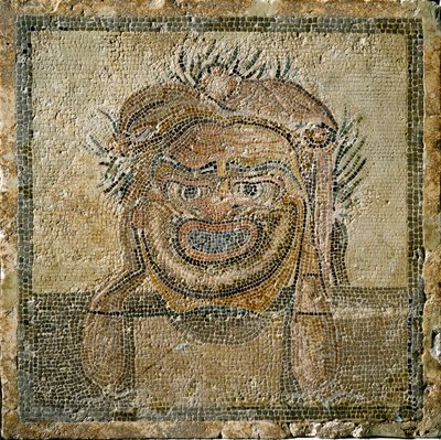 Sztuka rzymska: rzymska maska ​​teatralna. Mozaika z Ampurias (Empúries). II wiek naszej ery. Hiszpania Empurias Museum autorstwa Roman