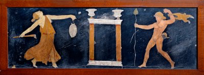 Sztuka rzymska: groźba i satyr tańczący pod świątynią. Fresk z Casa dei Capitelli dorati w Pompejach. I wne. Neapol, Muzeum Archeologiczne autorstwa Roman