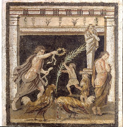 Sztuka rzymska: walki kogutów w palestrze w obecności personifikacji Porażki i Zwycięstwa. Mozaika z Villa du Labyrinth w Pompejach. Drugi styl. Ciemny. 46x42 cm Museo Archeologico Nazionale, Neapol autorstwa Roman