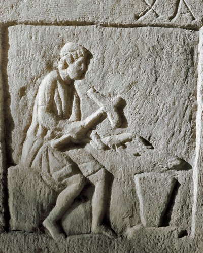 Sztuka rzymska: fragment steli przedstawiający kowala uderzającego w metal na kowadle. Z Konstantynopola. I wiek p.n.e. Stambuł, Muzeum Archeologiczne autorstwa Roman