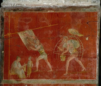 Sztuka rzymska: „fulonica””” lub stąpanie”” scena przedstawiająca czyszczenie ubrań. Fresk z willi Fullonica stephani (La fullonica de Stephanus) w Pompejach, która służyła jako pralnia i farbiarnia. Malarstwo z I wieku n.e. Neapol, Museo autorstwa Roman