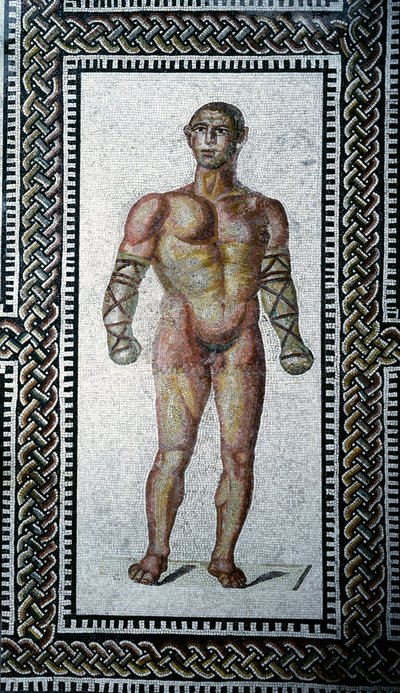 Sztuka rzymska: mozaika chodnikowa „”gladiator” z Term Karakalli. 212 AD Rzym, Narodowe Muzeum Rzymskie (lub Terme) - Sztuka rzymska: gladiator. Mozaika podłogowa z Term Karakalli. 212 n.e. Rzym, Narodowe Muzeum Rzymskie (lub Terme) autorstwa Roman