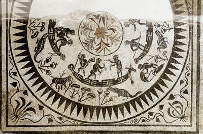 Sztuka rzymska: polowanie i wędkarstwo pigmeje. Mozaika z III wieku. Narodowe Muzeum Rzymskie (lub Łaźni) Rzym autorstwa Roman