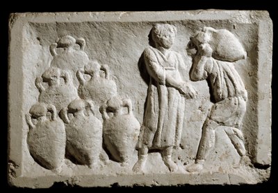 Sztuka rzymska: „”ładowanie i sztauowanie dzbanów na wino”””Relief. II wiek naszej ery. Rzym, Muzeum Cywilizacji Rzymskiej autorstwa Roman