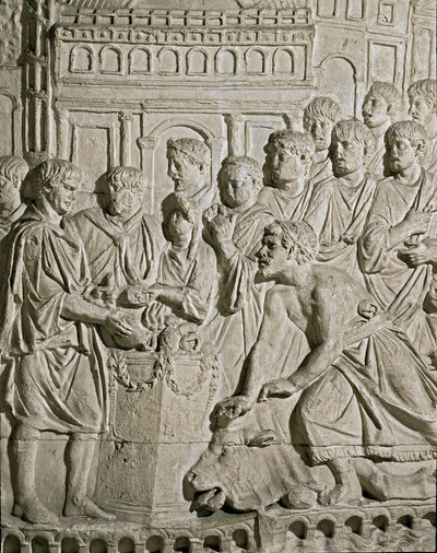 Sztuka rzymska: płaskorzeźba przedstawiająca obywateli Sarmat oddających hołd Rzymianom. Z płaskorzeźb kolumny Marc-Aurele (Marks Aurele). II wiek naszej ery. Rzym, Museo della Civilta Romana autorstwa Roman