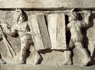 Sztuka rzymska: płaskorzeźba przedstawiająca bitwę gladiatorów. I wne. Rzym, Museo della Civilta Romana autorstwa Roman
