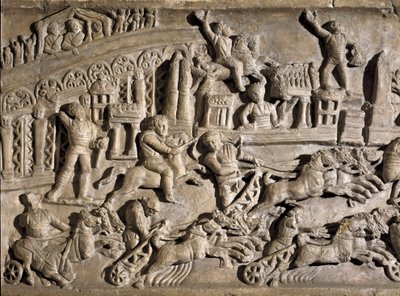 Sztuka rzymska: płaskorzeźba przedstawiająca wyścigi czołgów w Circus Maximus (Grand Circus lub Circus Maxime) w Rzymie. II wiek naszej ery. Rzym, Museo della Civilta Romana autorstwa Roman