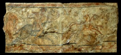 Sztuka rzymska: mural przedstawiający łucznika polującego na pierwiosnek. ze stanowiska Doura Europos w Syrii (27 BC-476 AD). Słońce 2,1x0,9 m² autorstwa Roman