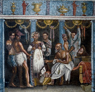Sztuka rzymska: przygotowania do dramatu satyrycznego. Mozaika. 70 AD Z Pompei, casa del poeta tragico. Ciemny. 58x59 cm Neapol, Museo Archeologico Nazionale - Sztuka rzymska: grupa teatralna przygotowująca się do satyrycznego dramatu. Mozaika. 70 n.e. Z D autorstwa Roman