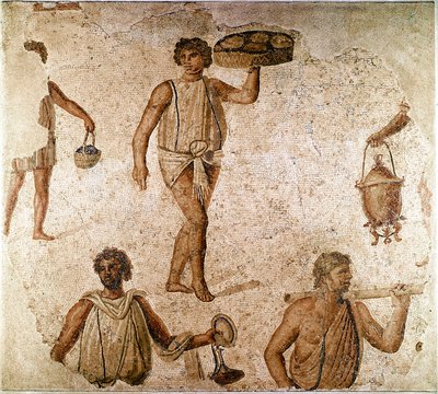 Sztuka rzymska: służba na bankiecie. Fragment mozaiki z Kartaginy w Tunezji. 180-190 n.e. Paryż, Luwr autorstwa Roman
