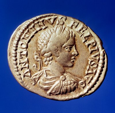 Sztuka rzymska: srebrny denier z wizerunkiem cesarza rzymskiego Elagabala (Heliogabale lub Marka Aureliusza Antoninusa) (204-222 ne) Paryż, B.N. autorstwa Roman
