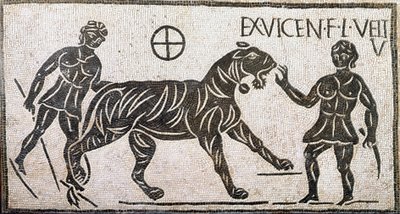 Sztuka rzymska: „”dwie kobiety oswajające tygrysa”””Mozaika z Castro pretorio w Rzymie. I wiek naszej ery. Rzym, Museo Nazionale Romano autorstwa Roman