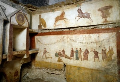 Sztuka rzymska: „”młodzi ludzie bawiący się””” freski zdobiące grobowiec Via portuense. II wiek. Słońce. h. 90 cm Rzym, Museo Nazionale Romano (o delle Terme) Włochy autorstwa Roman