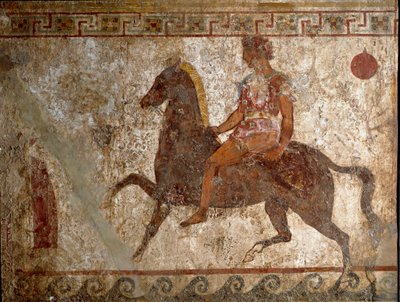 Jeździec samnitów. Malowidło nagrobne z IV wieku p.n.e., z terenu Paestum we Włoszech. Fresk. Museo Nazionale Archeico, Napoli (Muzeum Archeologiczne w Neapolu). autorstwa Roman