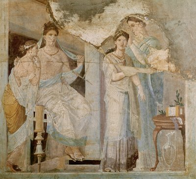 Niewolnik czesający włosy dziewczyny, Herkulanum, trzeci styl (fresk) autorstwa Roman