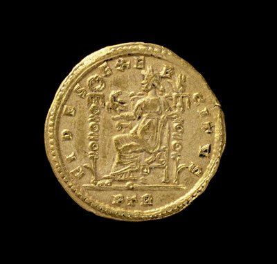 Solidus (rewers) Konstantyna I Wielkiego (AD 306-AD 337) przedstawiający Fides siedzącą po lewej stronie na tronie. Napis: FIDES EXERCITVS (złoto) (dla awersu patrz 119150) autorstwa Roman